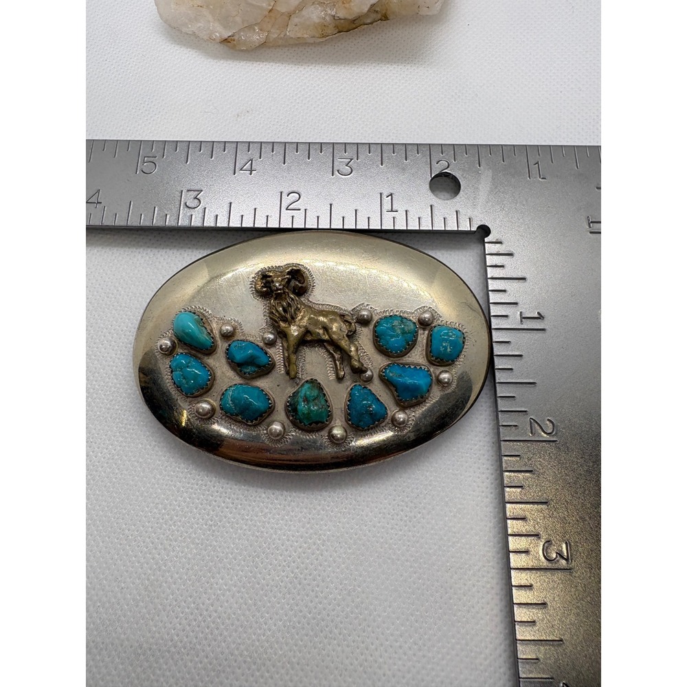 Vintage Ahumada & Sons Baboquivari Turquoise Ram Belt Buckle Silver Tone Oval - Picture 10 of 10
